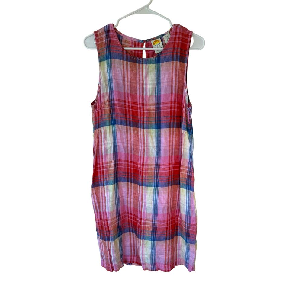 C&C California Sleeveless 100% Linen Plaid Mini Dress Pink Women's Size 6 Boho